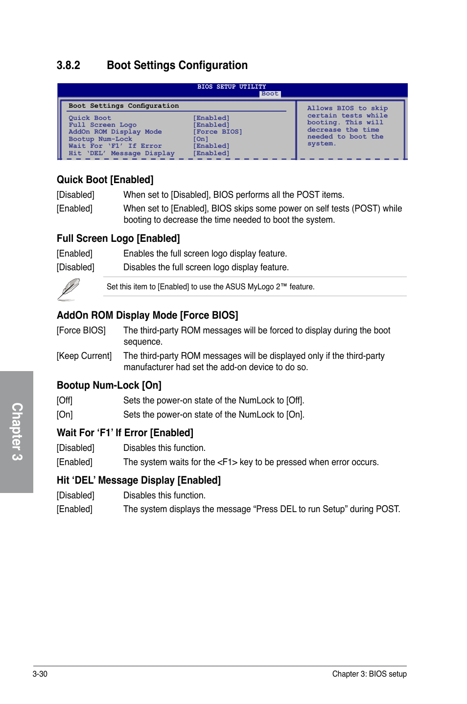 Chapter 3, 2 boot settings configuration, Quick boot [enabled | Full screen logo [enabled, Addon rom display mode [force bios, Bootup num-lock [on, Wait for ‘f1’ if error [enabled, Hit ‘del’ message display [enabled | Asus M4A78T-E User Manual | Page 88 / 122
