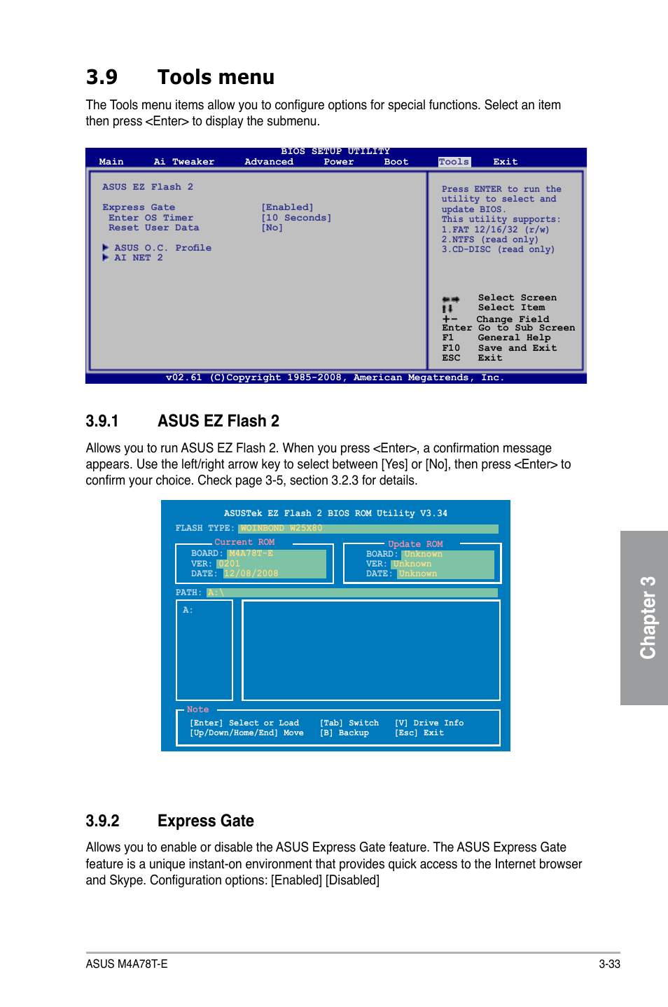 Chapter 3 3.9 tools menu, 1 asus ez flash 2, 2 express gate | Asus M4A78T-E User Manual | Page 91 / 122