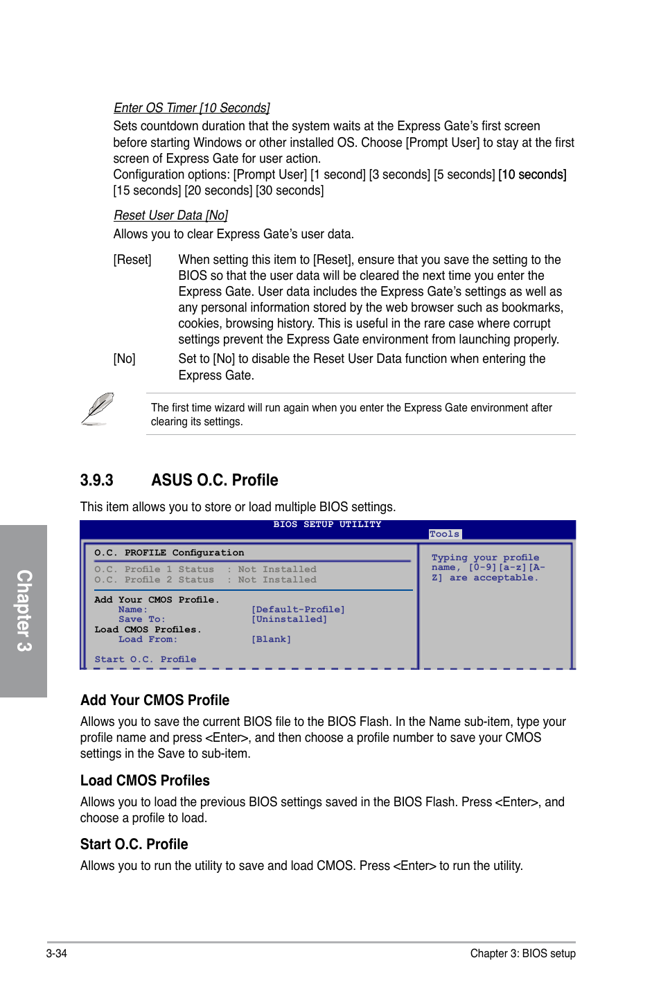 Chapter 3, 3 asus o.c. profile, Add your cmos profile | Load cmos profiles, Start o.c. profile | Asus M4A78T-E User Manual | Page 92 / 122