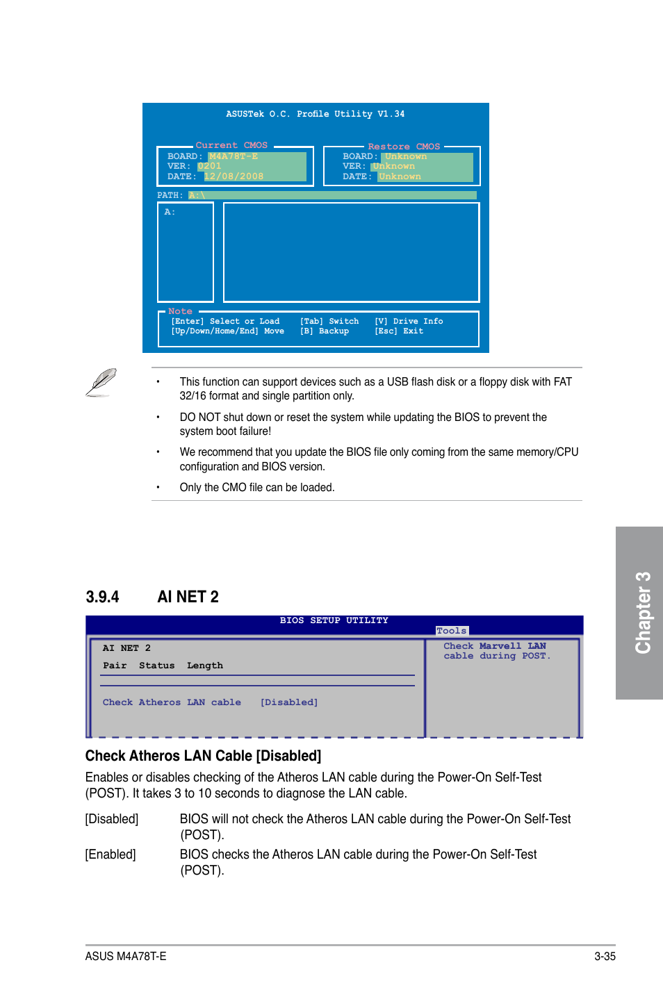 Chapter 3, 4 ai net 2, Check atheros lan cable [disabled | Asus M4A78T-E User Manual | Page 93 / 122