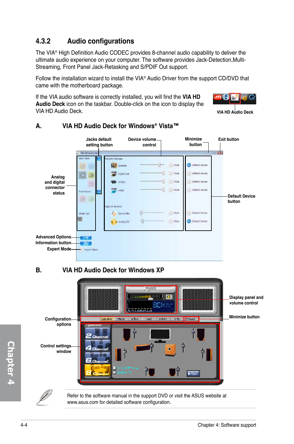 Chapter 4, 2 audio configurations, A. via hd audio deck for windows | Vista, B. via hd audio deck for windows xp | Asus M4A78T-E User Manual | Page 98 / 122