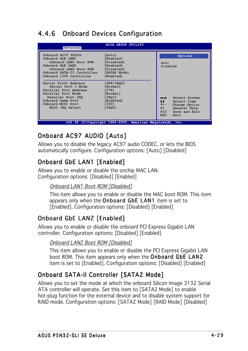 Onboard ac97 audio [auto, Onboard gbe lan1 [enabled, Onboard gbe lan2 [enabled | Onboard sata-ii controller [sata2 mode | Asus P5N32-SLI SE Deluxe User Manual | Page 103 / 174