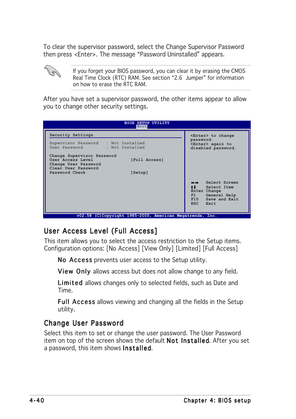 User access level (full access, Change user password | Asus P5N32-SLI SE Deluxe User Manual | Page 114 / 174