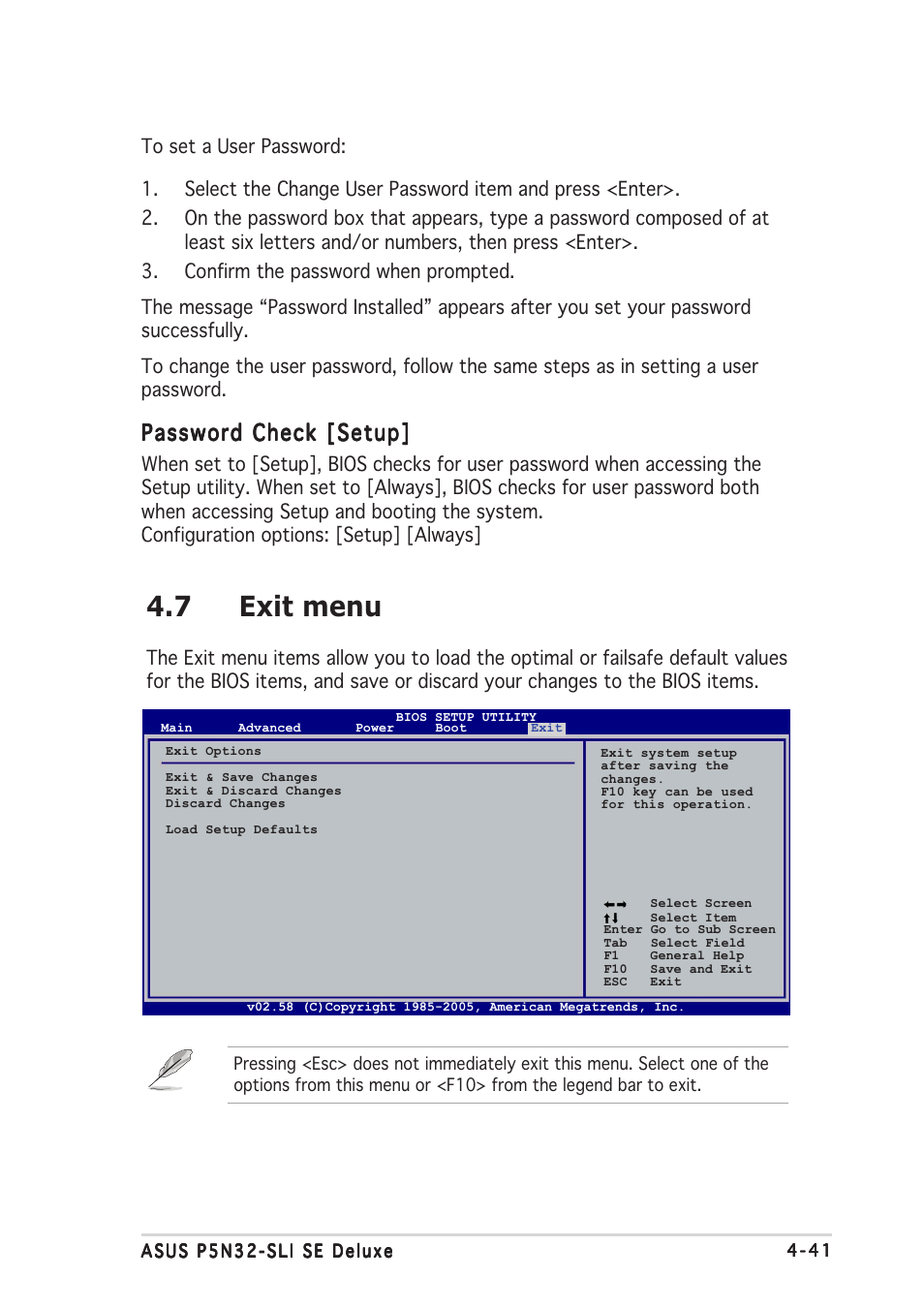 7 exit menu, Password check [setup | Asus P5N32-SLI SE Deluxe User Manual | Page 115 / 174