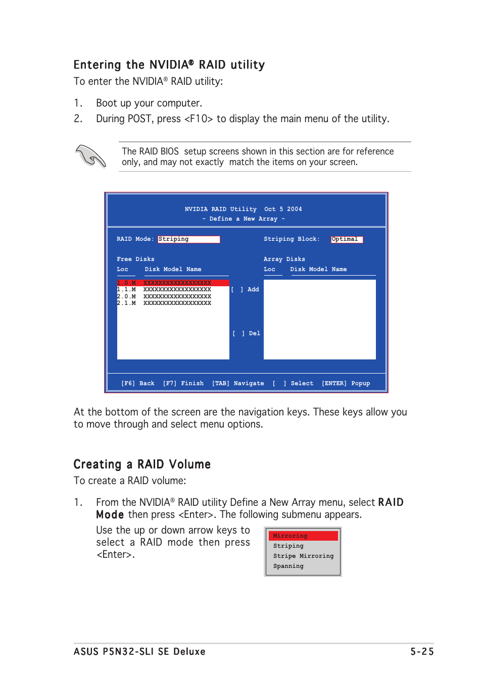 Entering the nvidia, Raid utility, Creating a raid volume | Asus P5N32-SLI SE Deluxe User Manual | Page 143 / 174