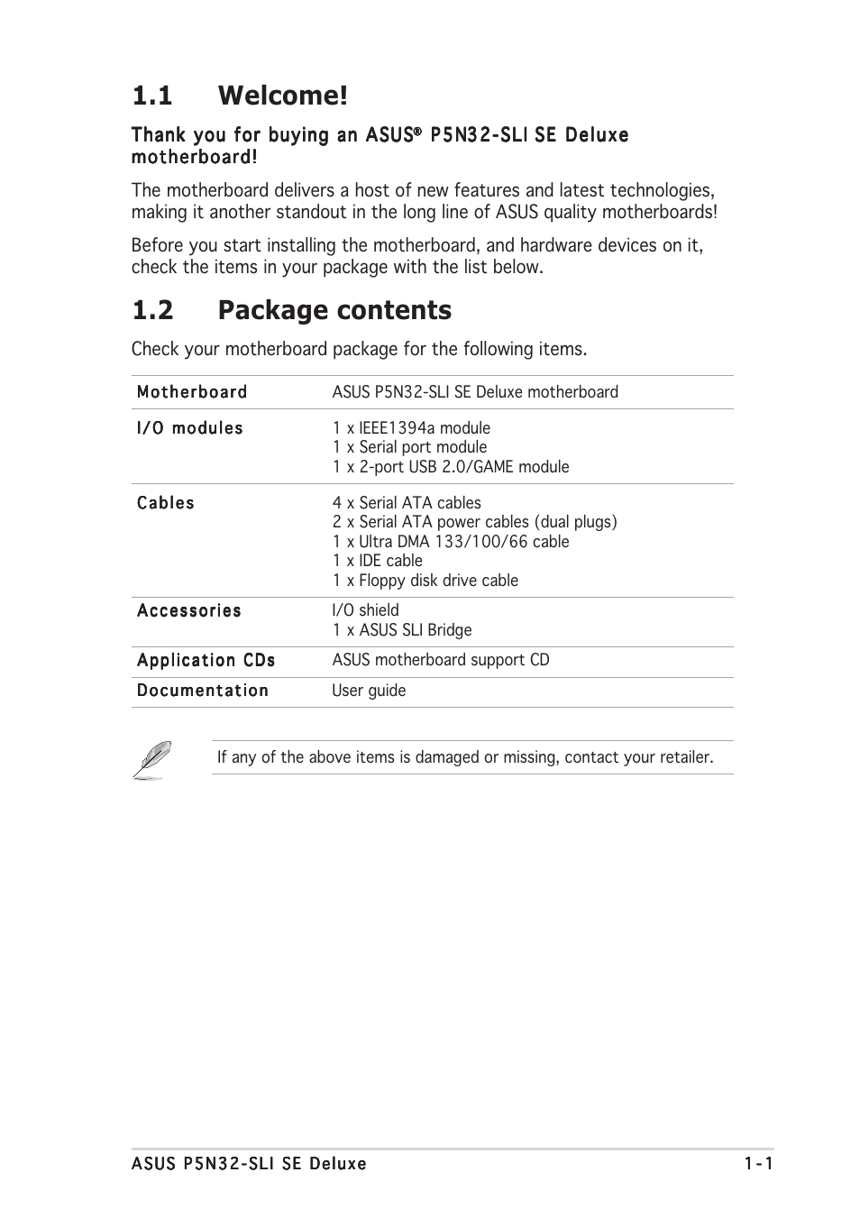 1 welcome, 2 package contents | Asus P5N32-SLI SE Deluxe User Manual | Page 17 / 174