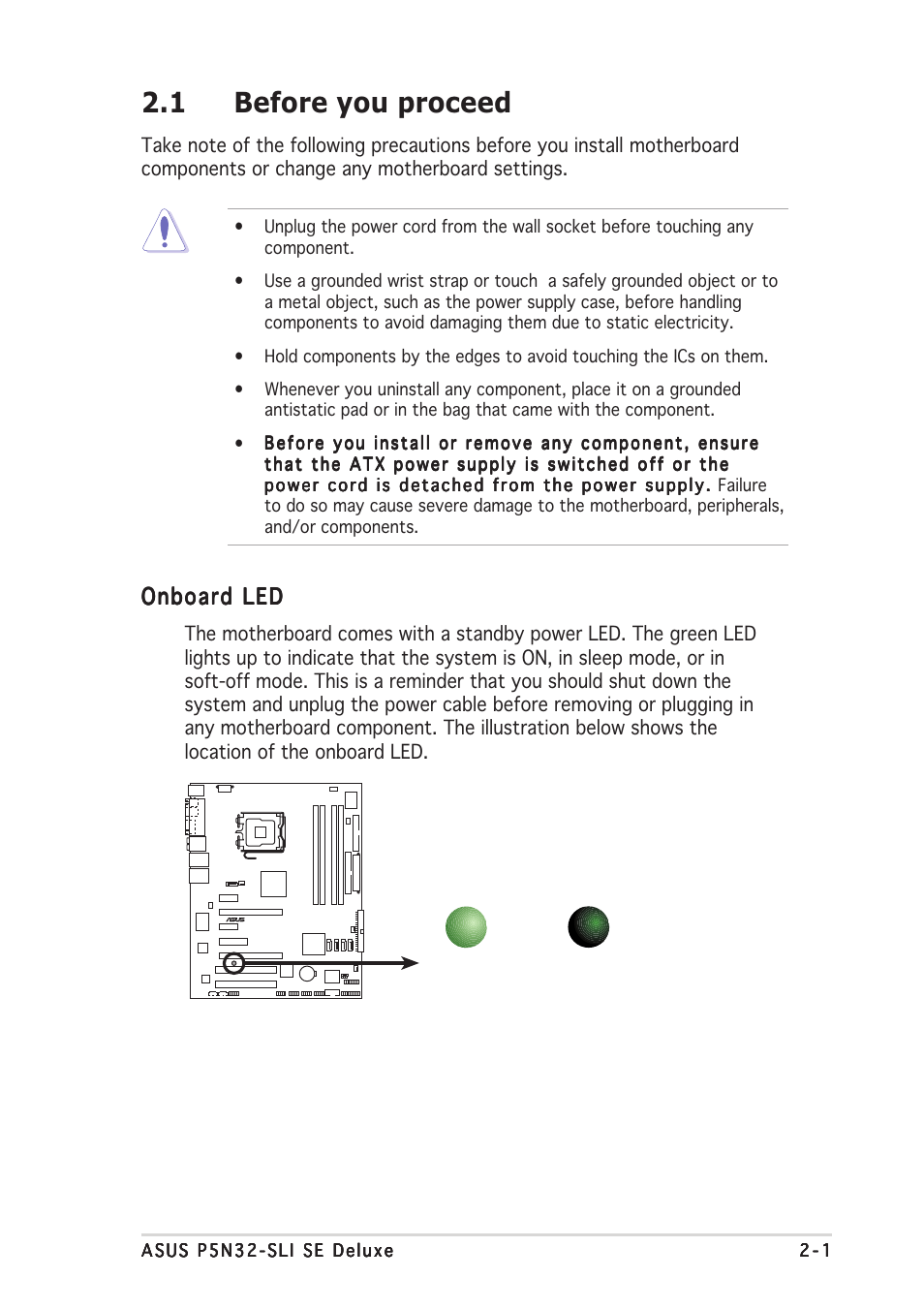 1 before you proceed, Onboard led | Asus P5N32-SLI SE Deluxe User Manual | Page 27 / 174