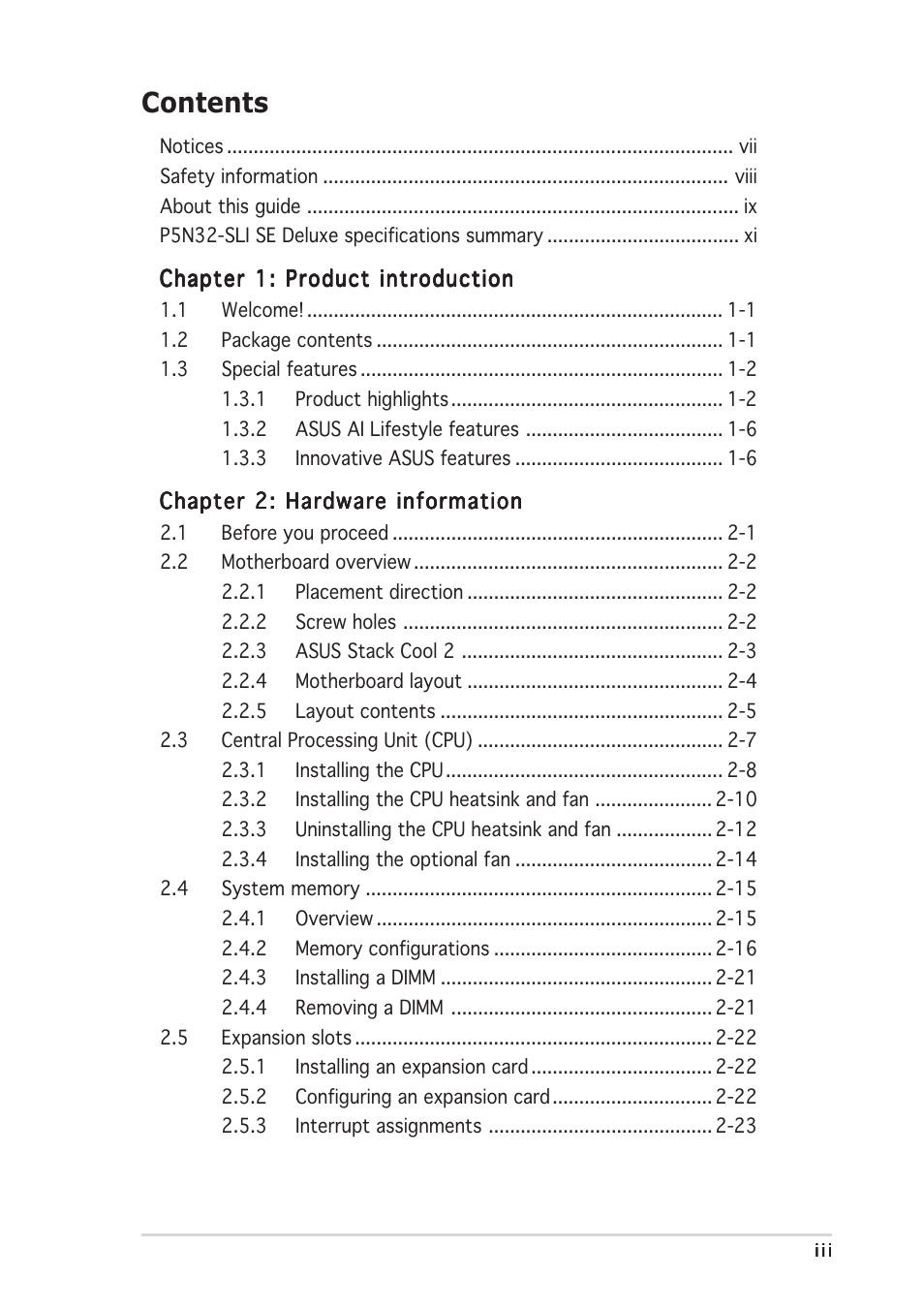 Asus P5N32-SLI SE Deluxe User Manual | Page 3 / 174