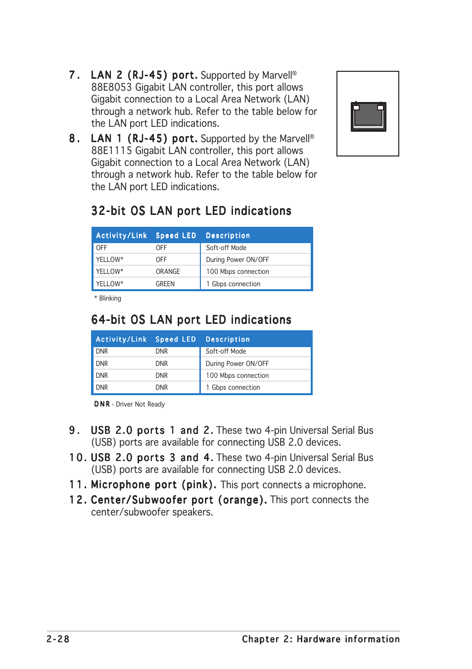 Bit os lan port led indications | Asus P5N32-SLI SE Deluxe User Manual | Page 54 / 174