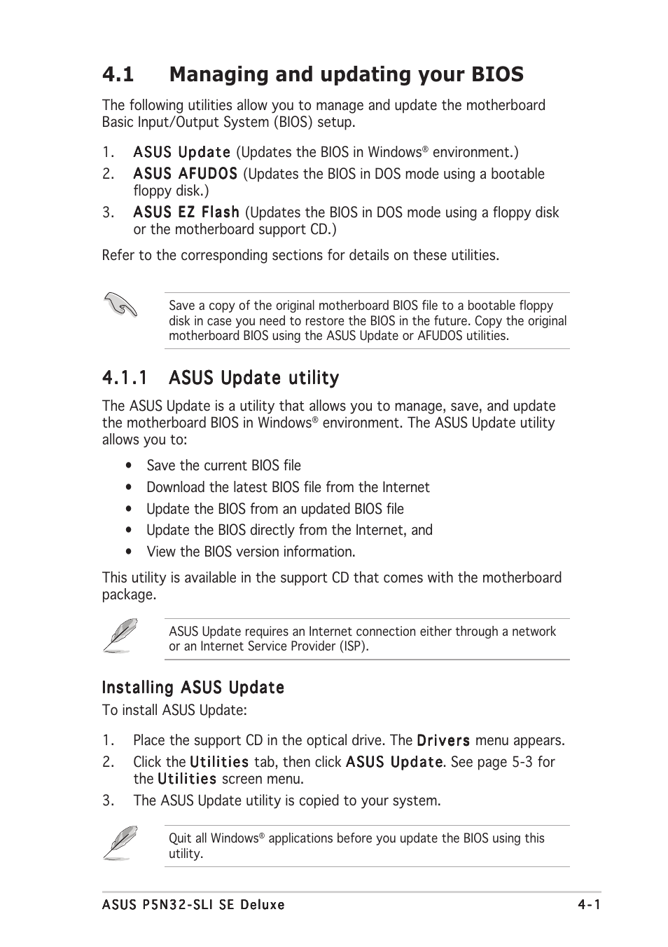 1 managing and updating your bios | Asus P5N32-SLI SE Deluxe User Manual | Page 75 / 174