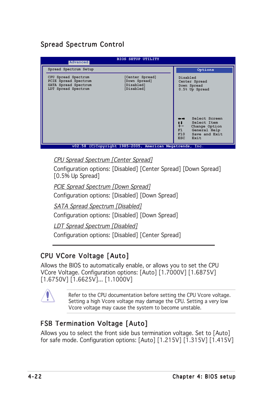 Spread spectrum control, Cpu vcore voltage [auto, Fsb termination voltage [auto | Asus P5N32-SLI SE Deluxe User Manual | Page 96 / 174