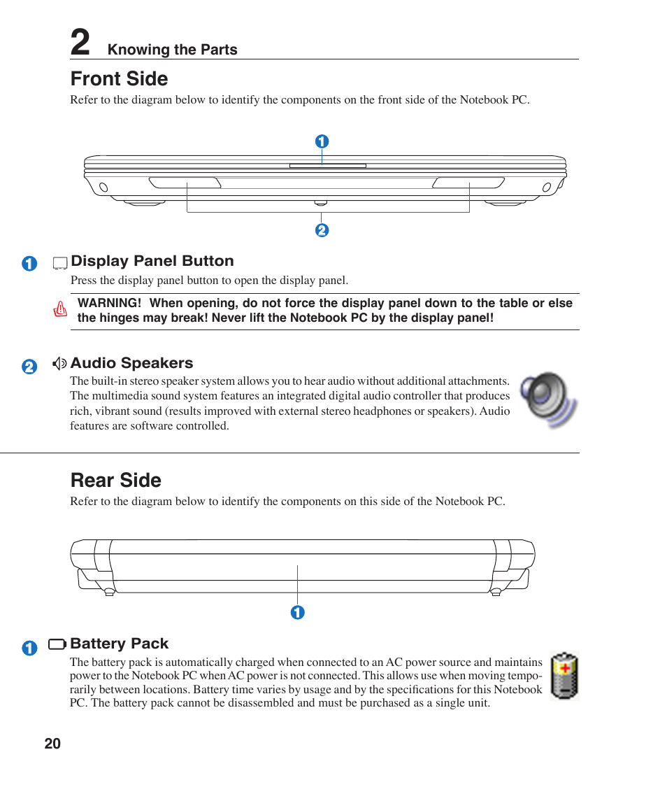 Front side, Rear side | Asus W3Z User Manual | Page 20 / 71