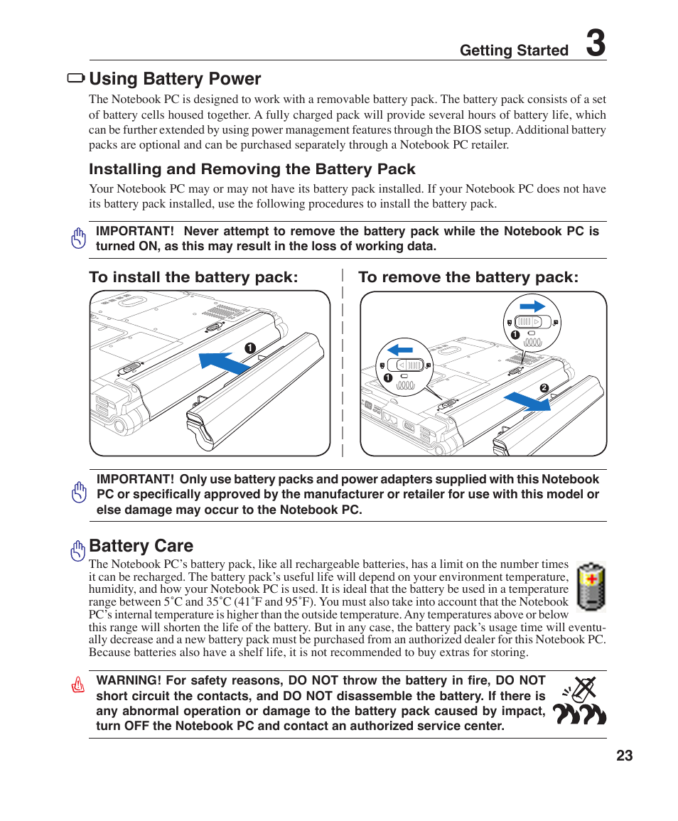 Using battery power, Battery care, 23 getting started | Installing and removing the battery pack | Asus W3Z User Manual | Page 23 / 71