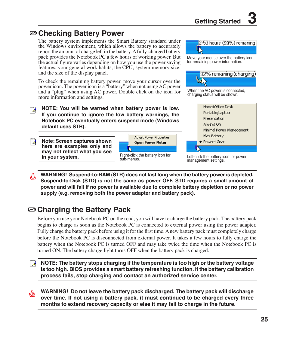 Checking battery power, Charging the battery pack, 25 getting started | Asus W3Z User Manual | Page 25 / 71