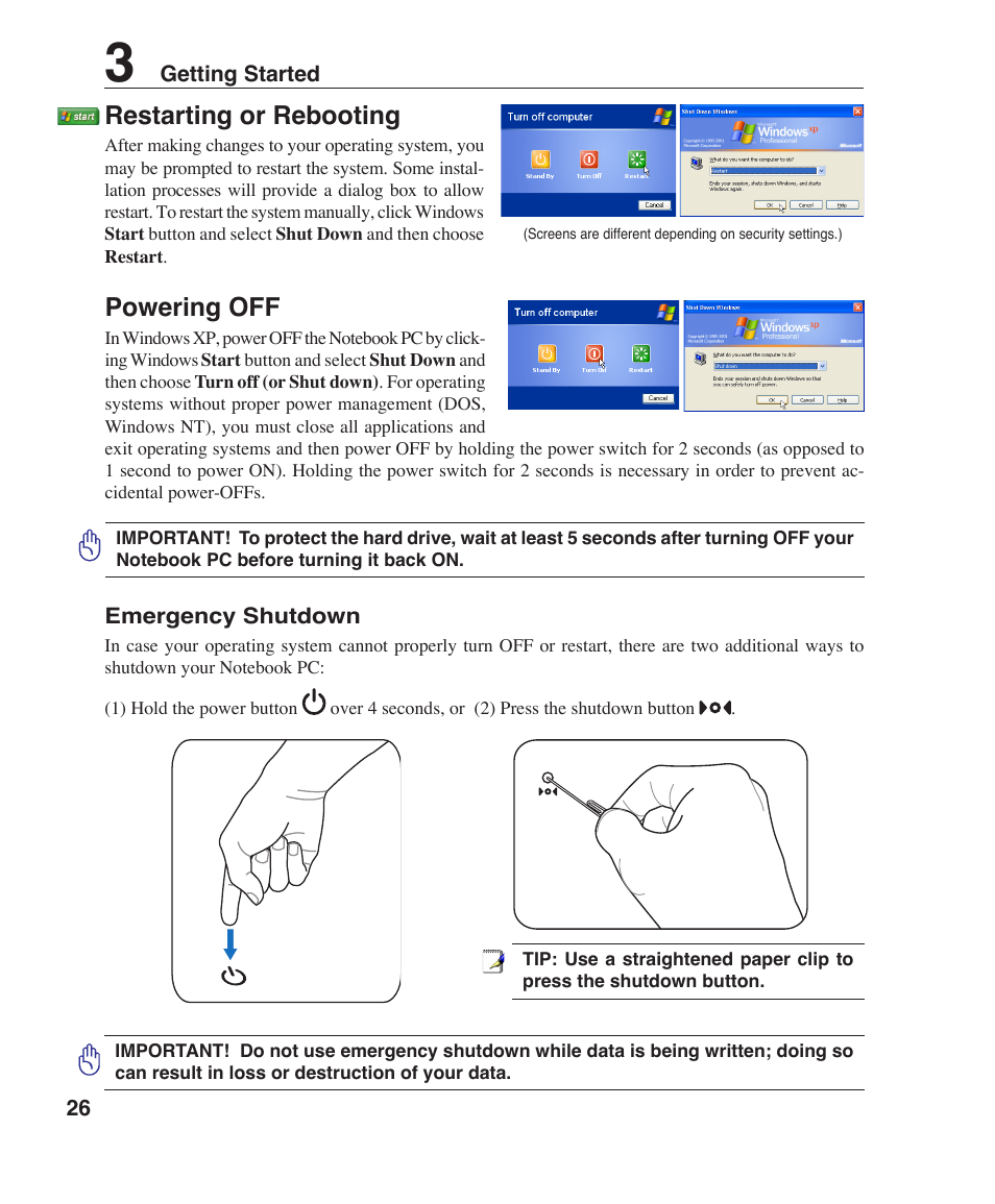 Restarting or rebooting, Powering off | Asus W3Z User Manual | Page 26 / 71