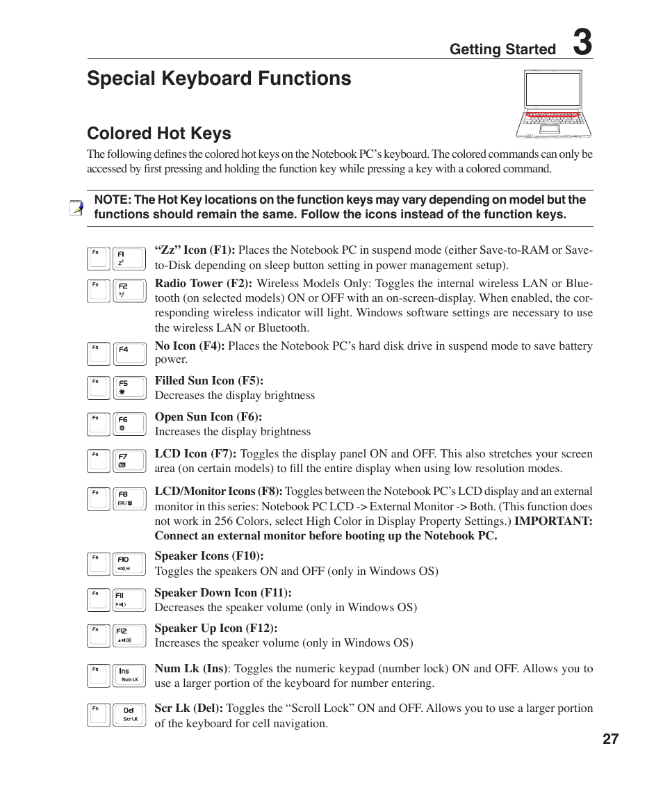 Special keyboard functions, Colored hot keys | Asus W3Z User Manual | Page 27 / 71