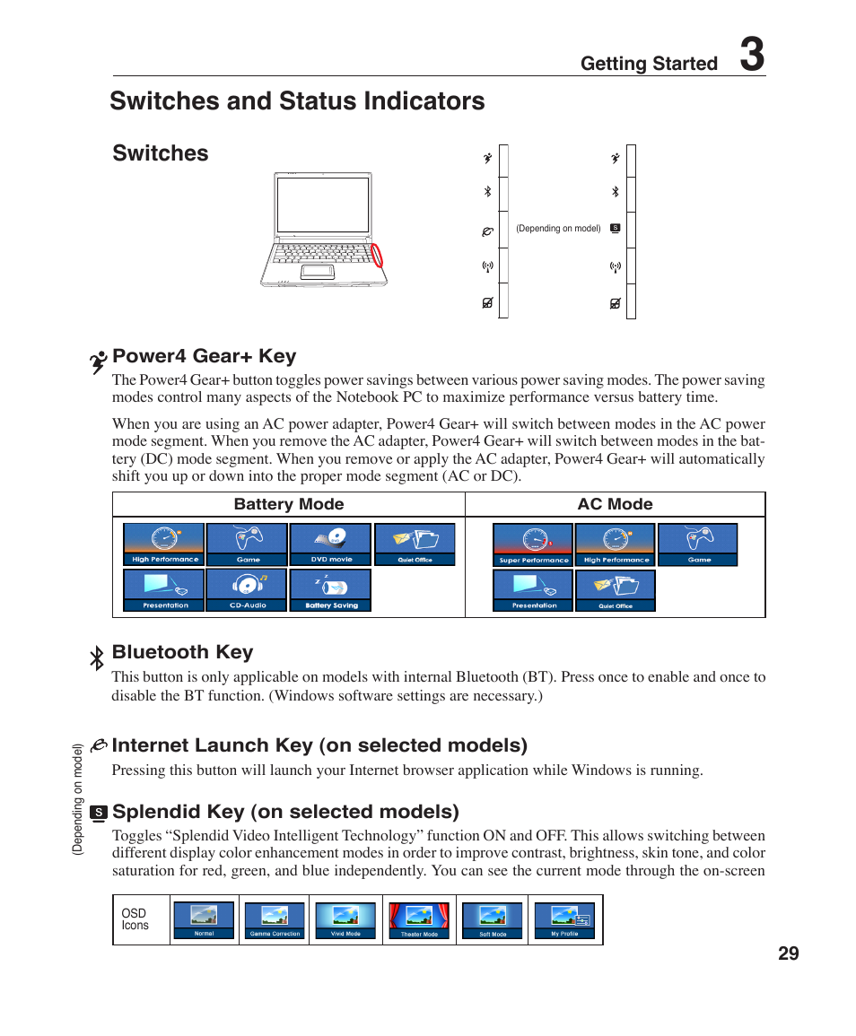 Switches and status indicators, Switches | Asus W3Z User Manual | Page 29 / 71