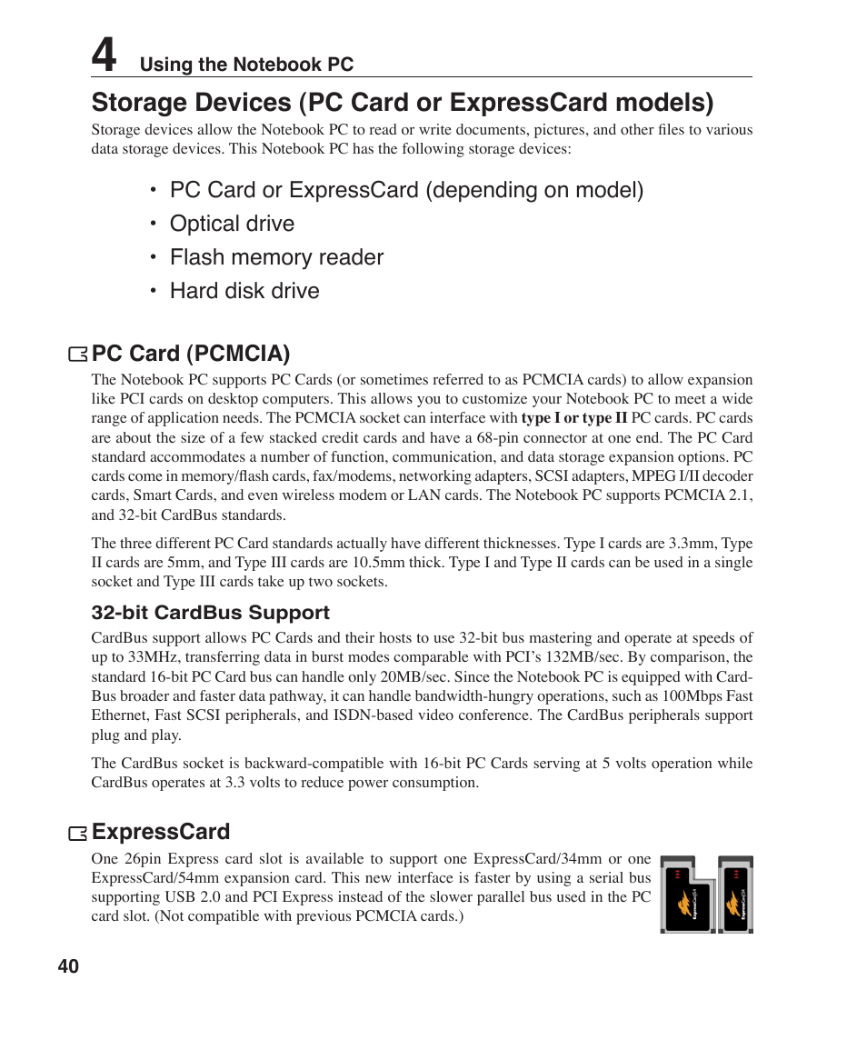 Storage devices (pc card or expresscard models), Expresscard | Asus W3Z User Manual | Page 40 / 71