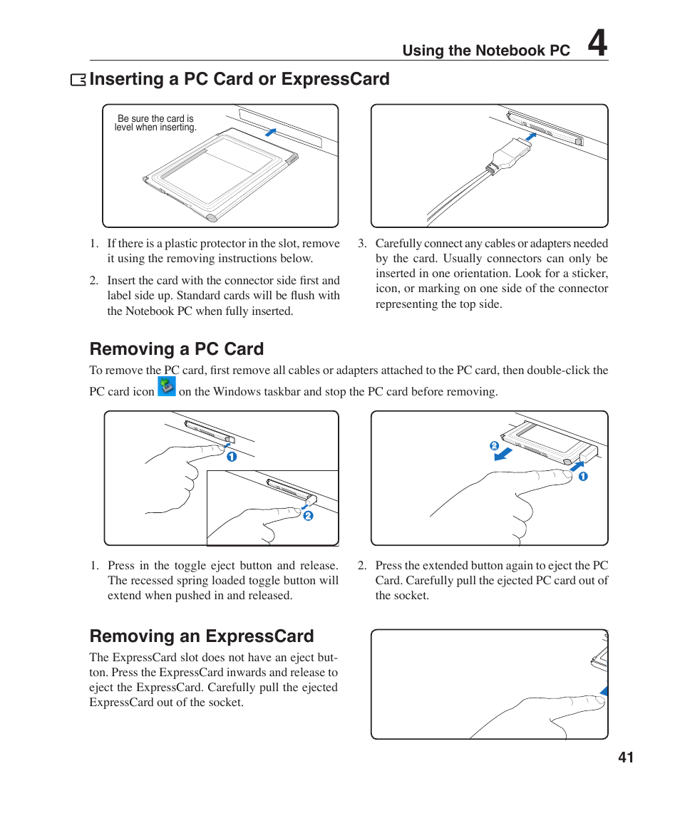 Inserting a pc card or expresscard, Removing a pc card, Removing an expresscard | Asus W3Z User Manual | Page 41 / 71