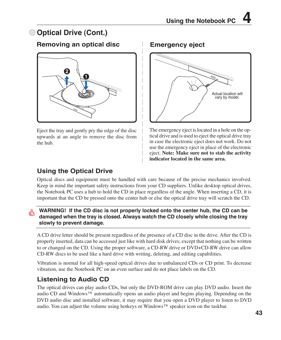 Optical drive (cont.) | Asus W3Z User Manual | Page 43 / 71