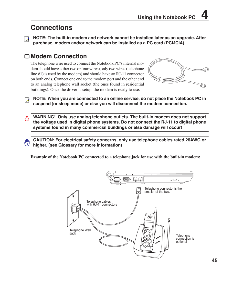 Connections, Modem connection | Asus W3Z User Manual | Page 45 / 71