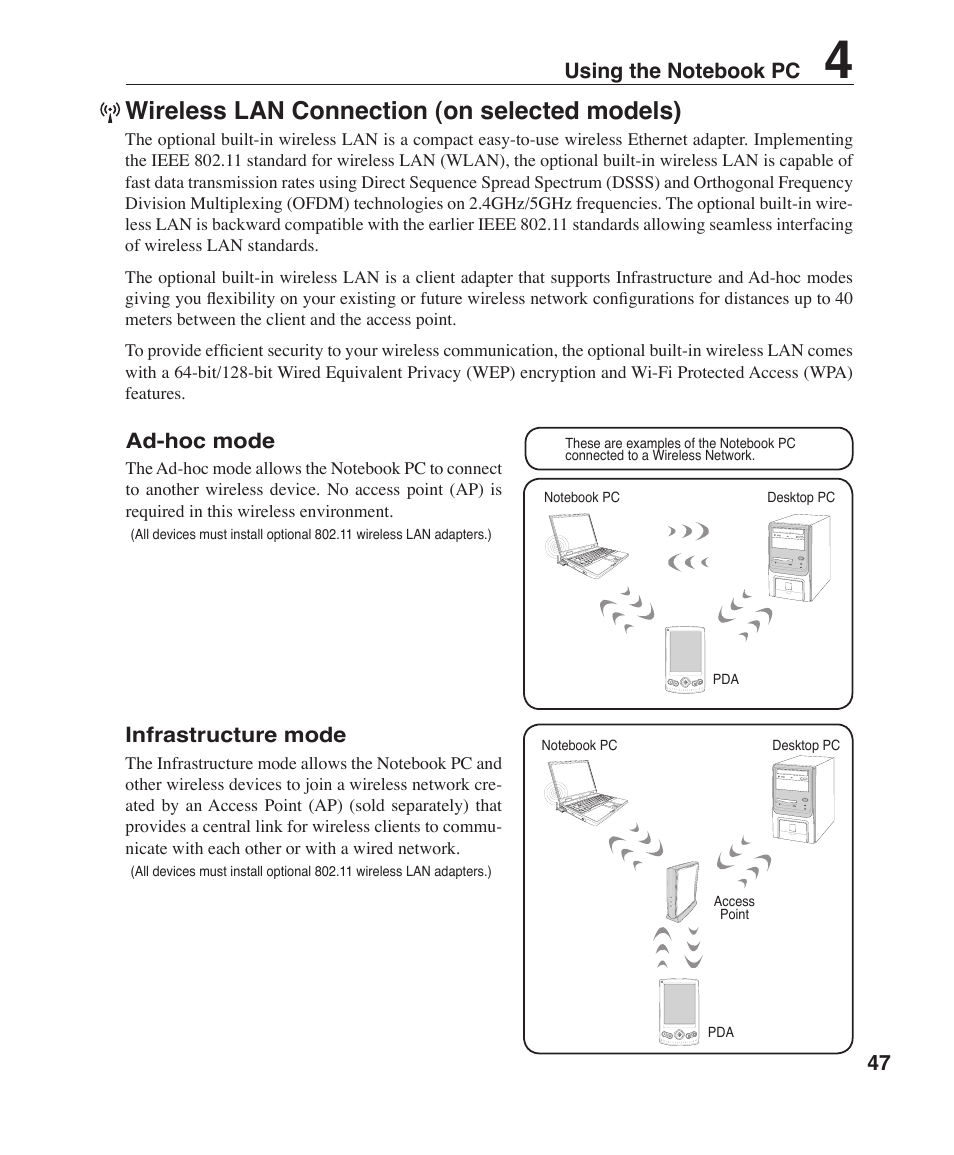 Wireless lan connection (on selected models) | Asus W3Z User Manual | Page 47 / 71