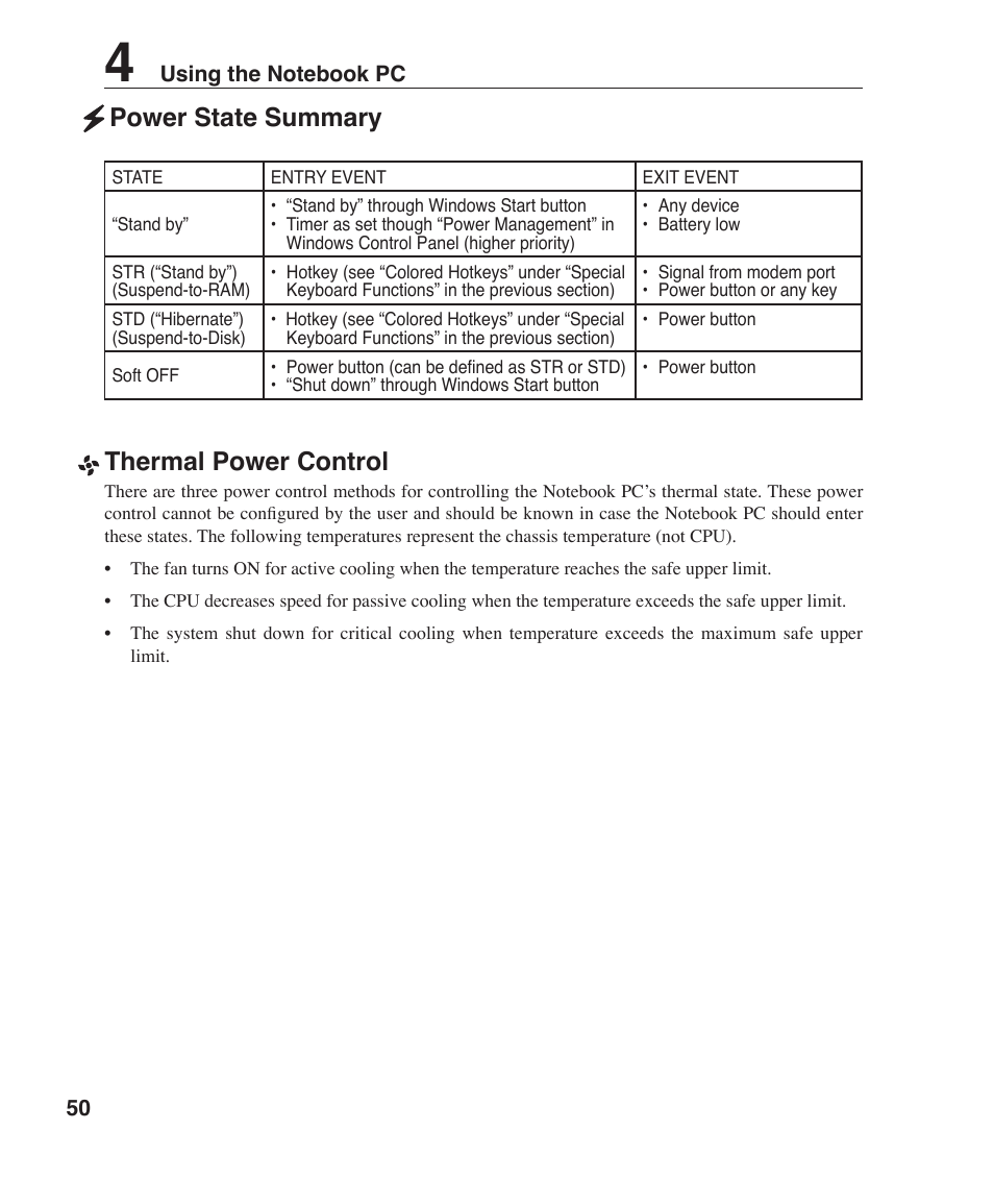Thermal power control, Power state summary | Asus W3Z User Manual | Page 50 / 71