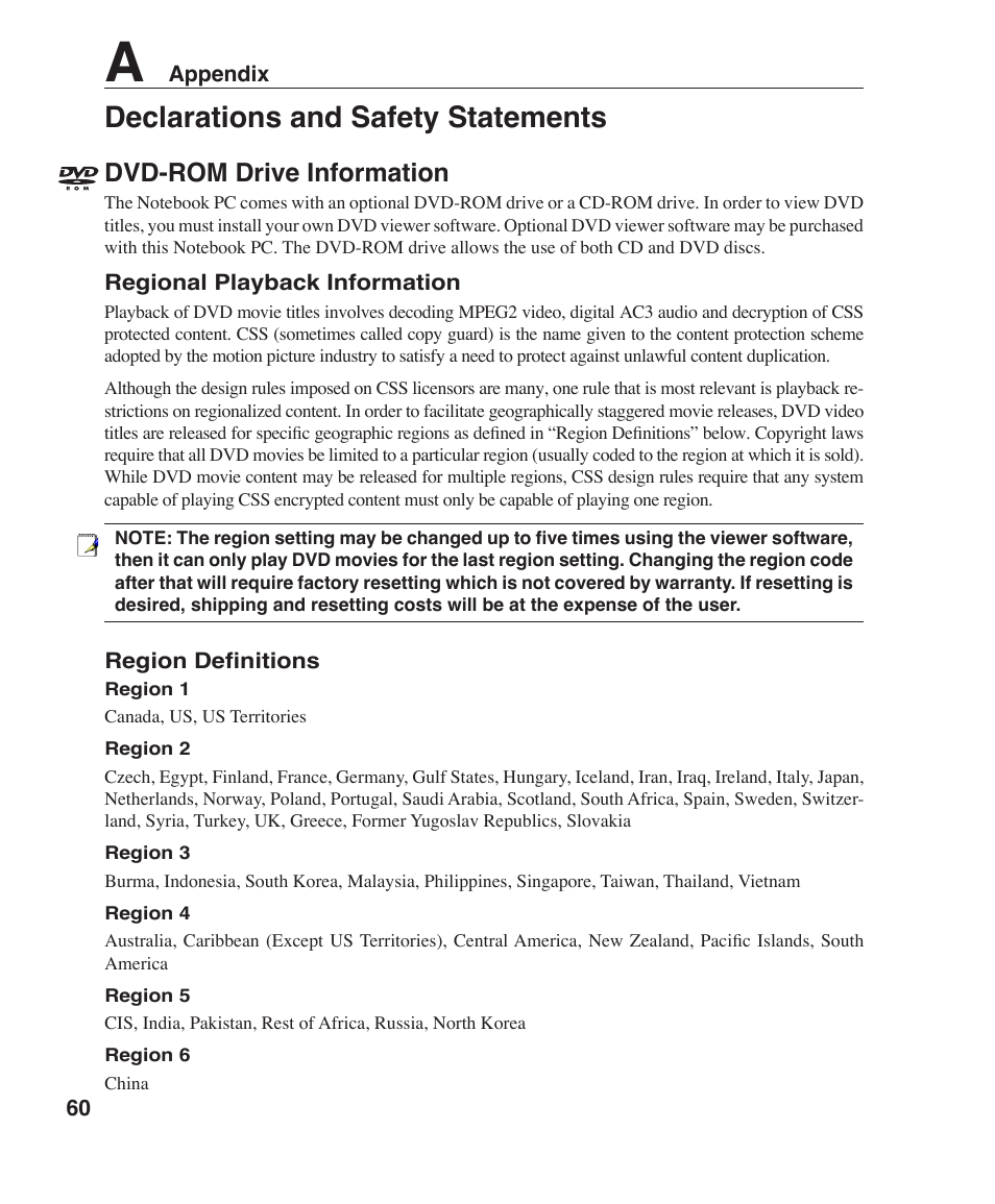 Declarations and safety statements, Dvd-rom drive information | Asus W3Z User Manual | Page 60 / 71