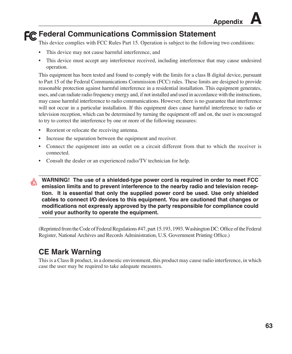 Federal communications commission statement, Ce mark warning | Asus W3Z User Manual | Page 63 / 71