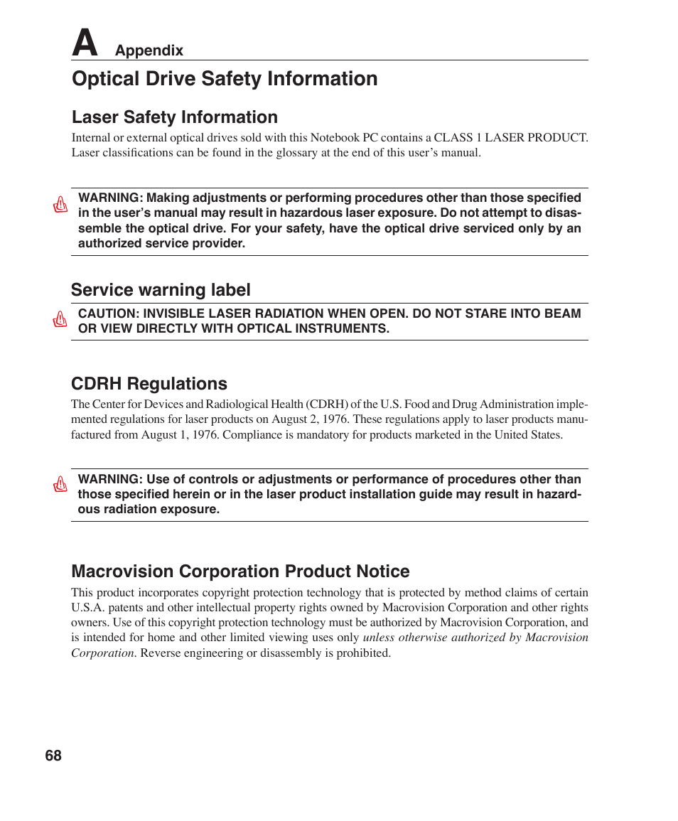 Optical drive safety information, Service warning label, Cdrh regulations | Macrovision corporation product notice, Laser safety information | Asus W3Z User Manual | Page 68 / 71