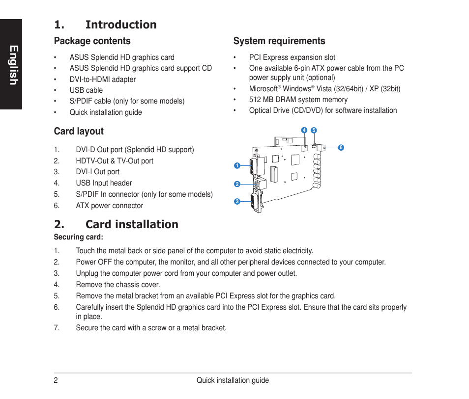 English, Introduction, Card installation | Package contents, System requirements, Card layout | Asus MA3850 Series User Manual | Page 2 / 4