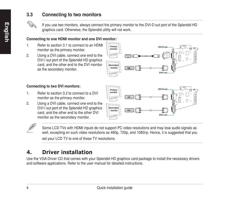 English, Driver installation, 3 connecting to two monitors | Asus MA3850 Series User Manual | Page 4 / 4