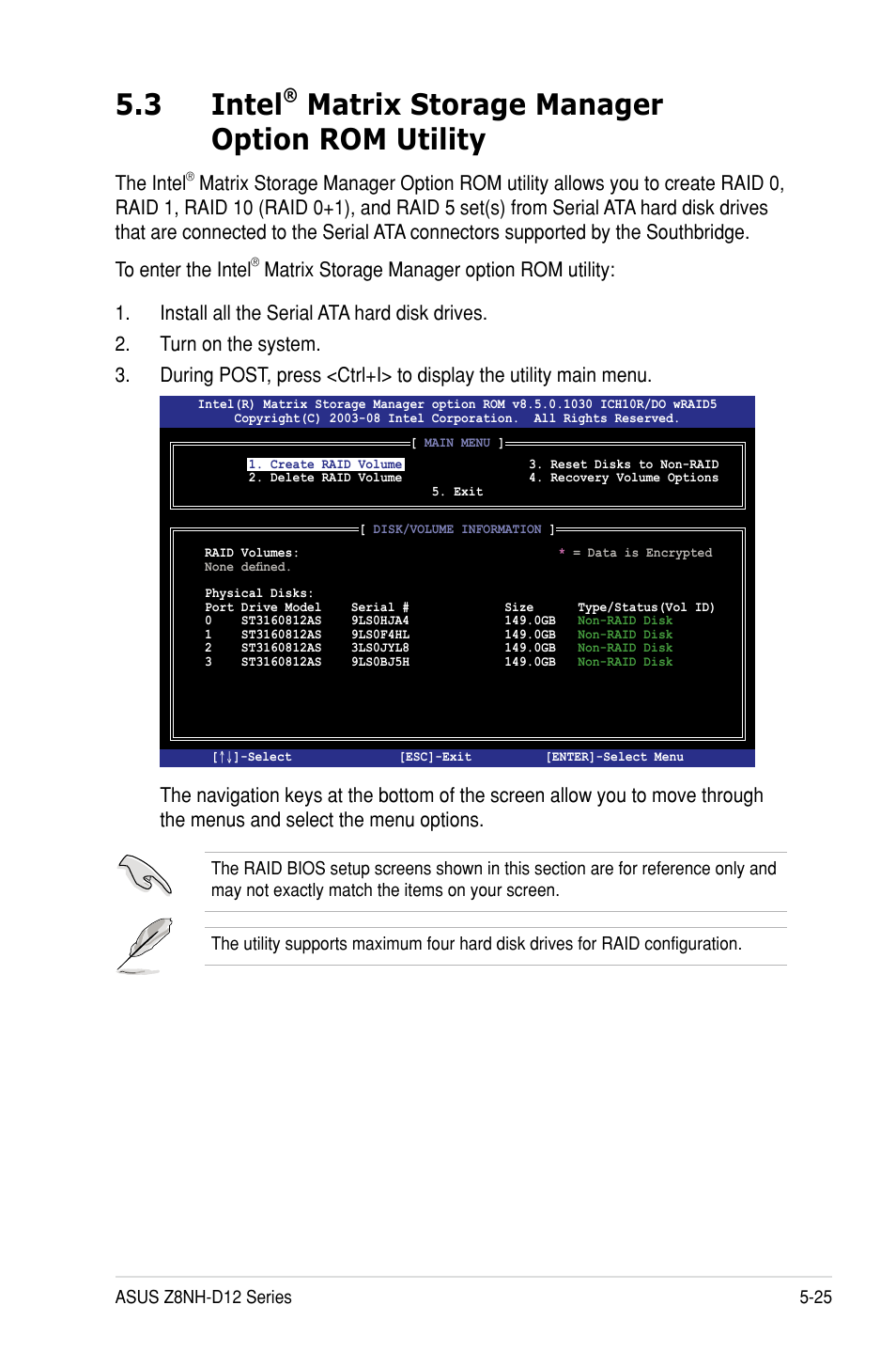 3 intel, Matrix storage manager option rom utility, The intel | Asus Z8PH-D12/IFB User Manual | Page 119 / 170