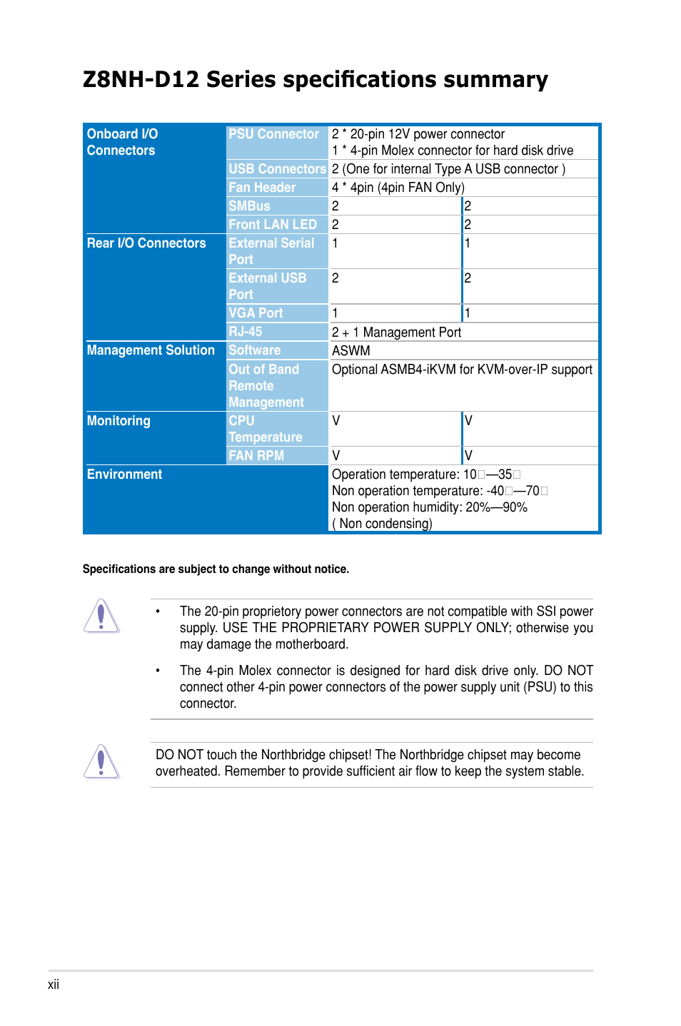 Z8nh-d12 series specifications summary | Asus Z8PH-D12/IFB User Manual | Page 12 / 170