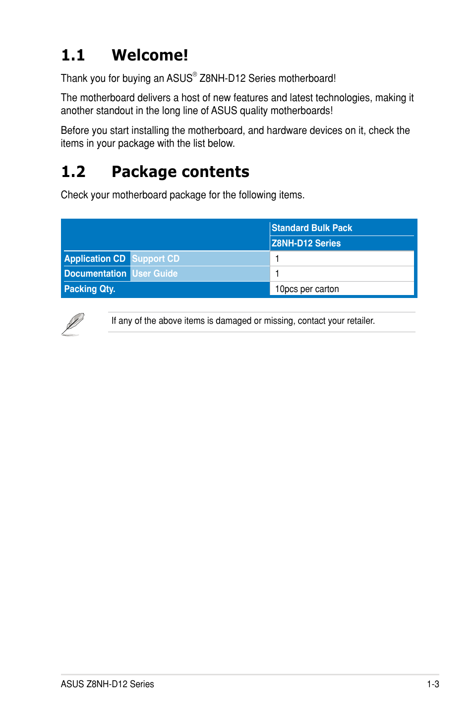 1 welcome, 2 package contents | Asus Z8PH-D12/IFB User Manual | Page 15 / 170