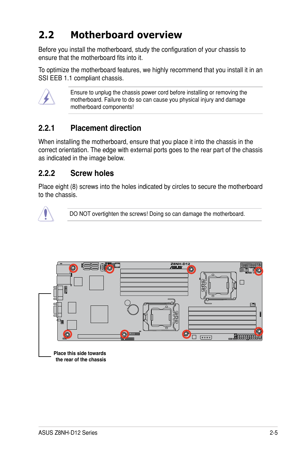 2 motherboard overview, 1 placement direction, 2 screw holes | Asus Z8PH-D12/IFB User Manual | Page 23 / 170