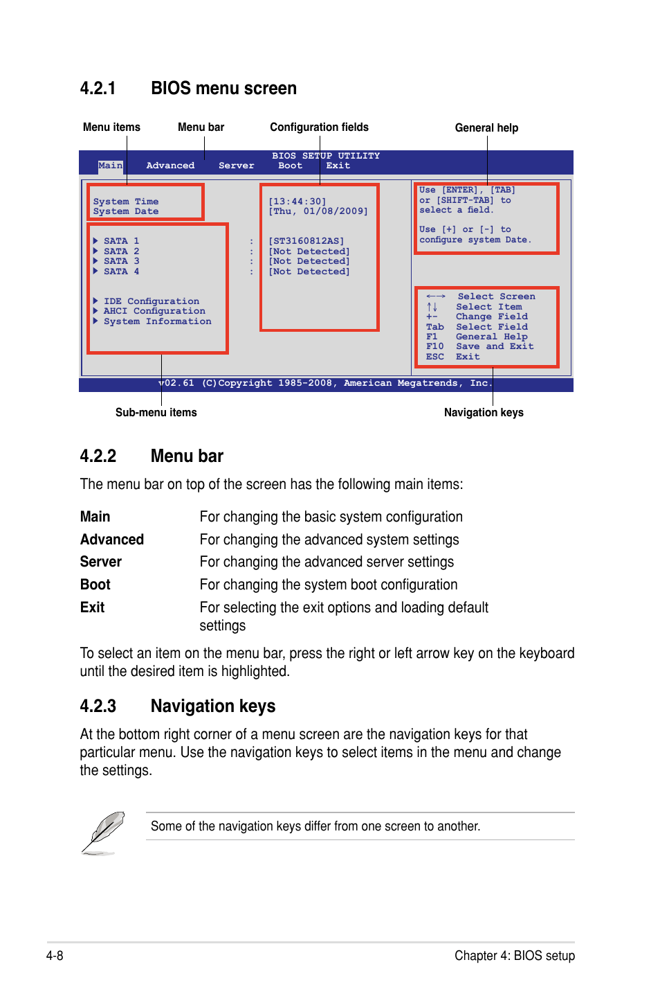 2 menu bar, 3 navigation keys, 1 bios menu screen | Asus Z8PH-D12/IFB User Manual | Page 64 / 170