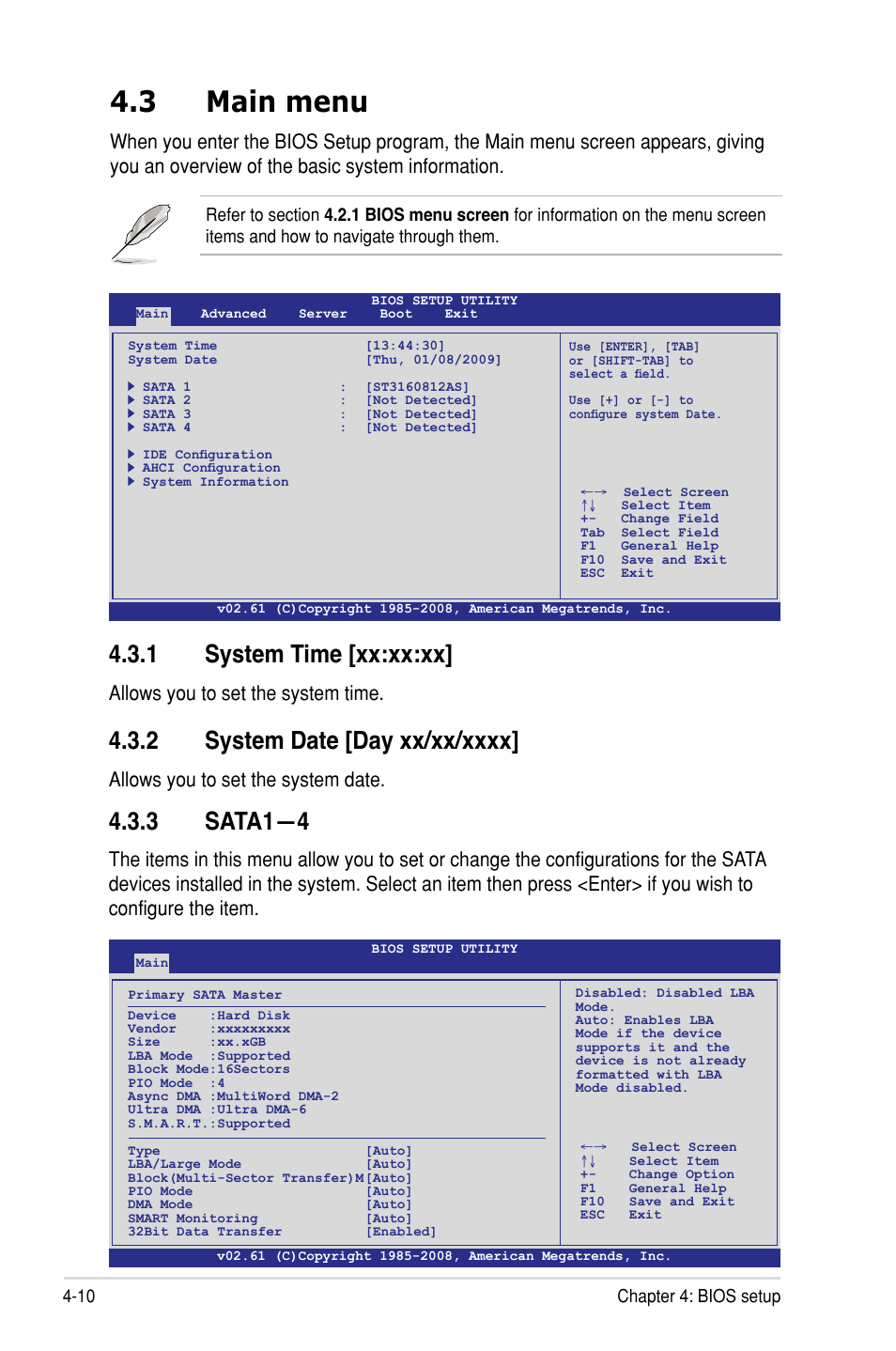 3 main menu, 1 system time [xx:xx:xx, 3 sata1—4 | Allows you to set the system time, Allows you to set the system date | Asus Z8PH-D12/IFB User Manual | Page 66 / 170