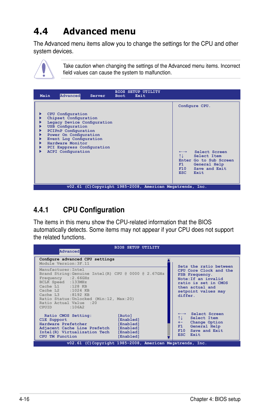 4 advanced menu, 1 cpu configuration, 16 chapter 4: bios setup | Asus Z8PH-D12/IFB User Manual | Page 72 / 170