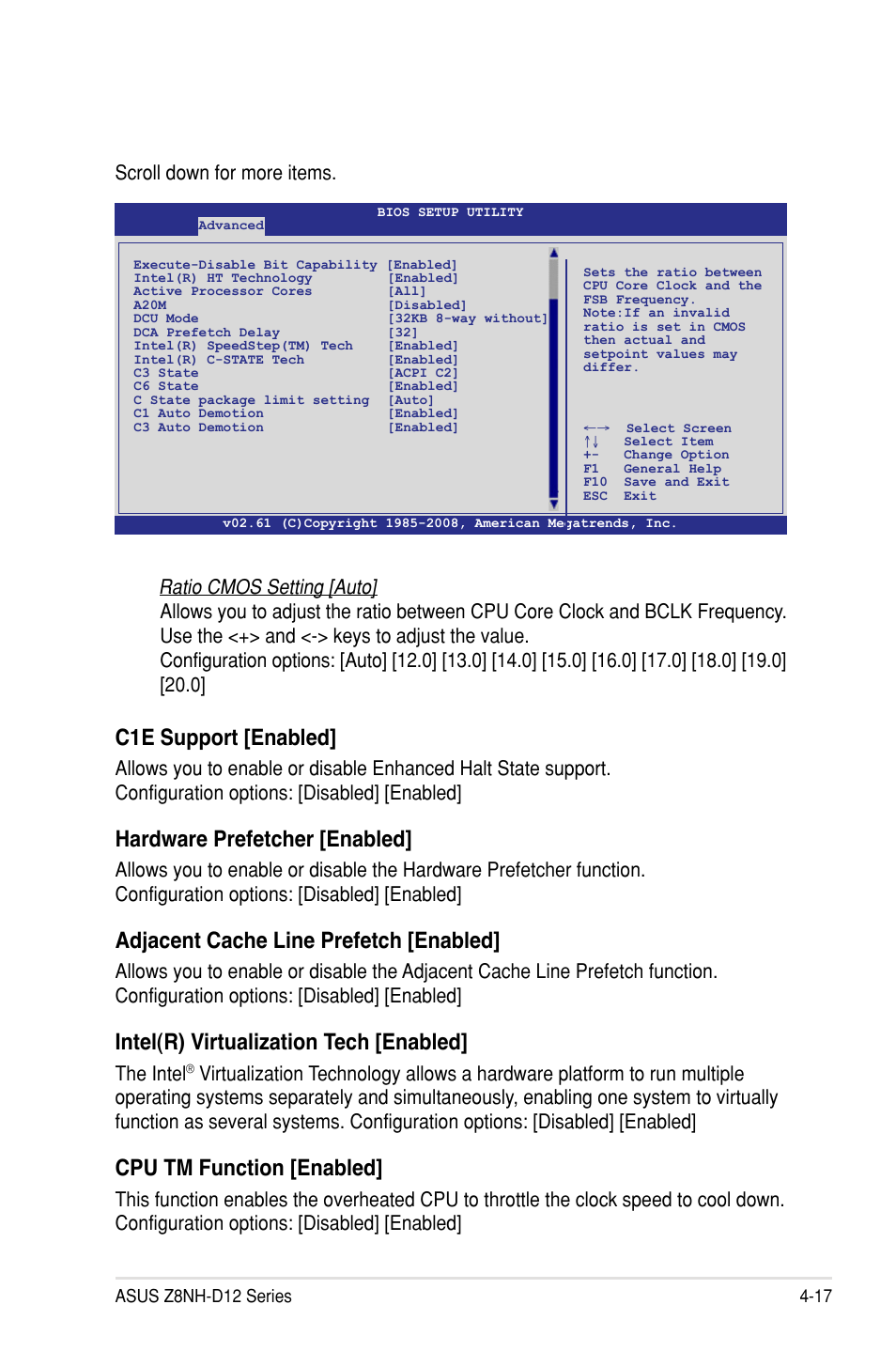 C1e support [enabled, Hardware prefetcher [enabled, Adjacent cache line prefetch [enabled | Intel(r) virtualization tech [enabled, Cpu tm function [enabled, Scroll down for more items, The intel | Asus Z8PH-D12/IFB User Manual | Page 73 / 170