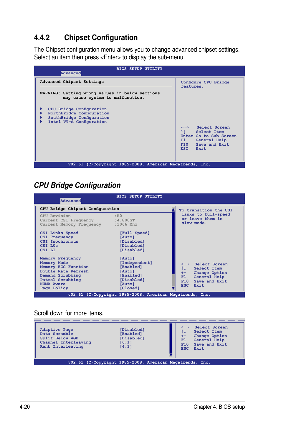 2 chipset configuration, Cpu bridge configuration, Scroll down for more items | 20 chapter 4: bios setup | Asus Z8PH-D12/IFB User Manual | Page 76 / 170