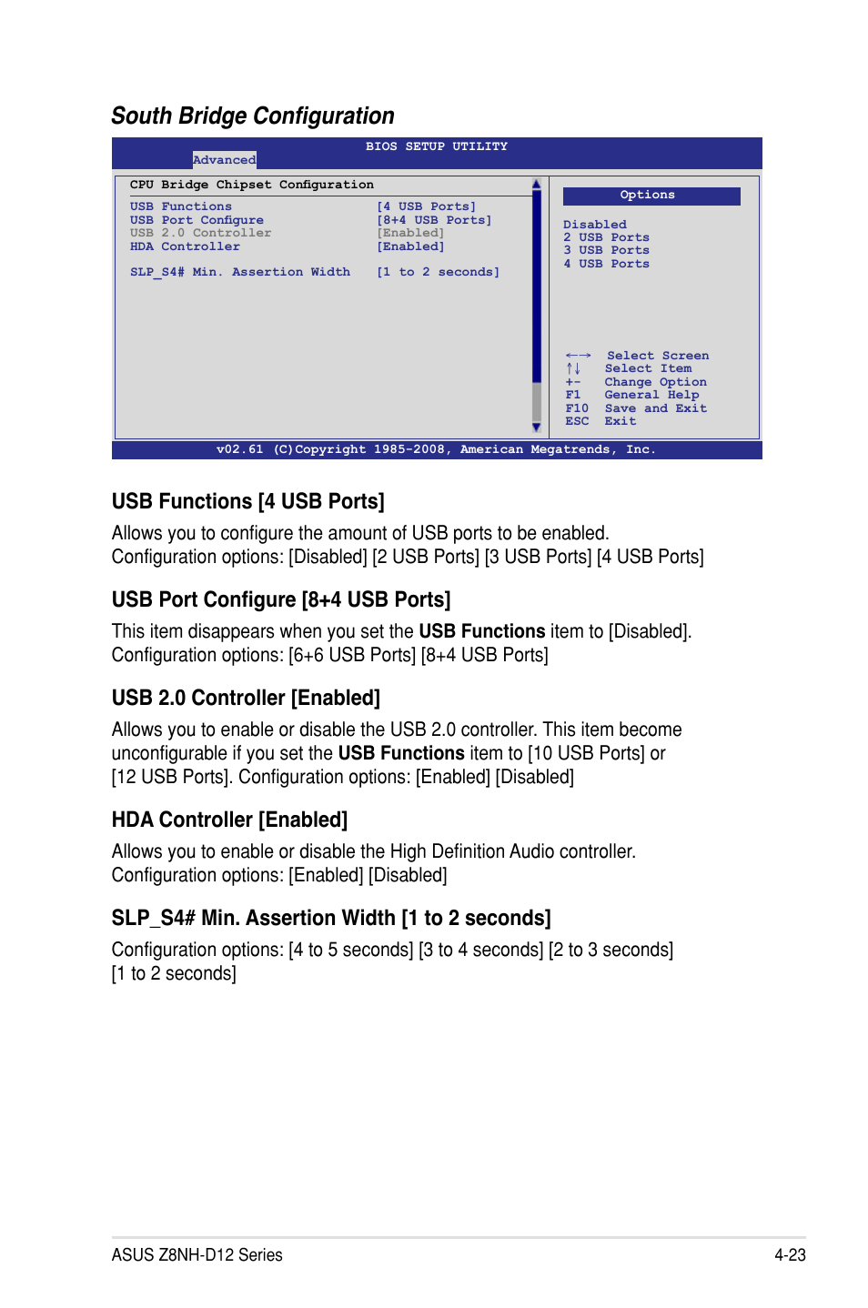 South bridge configuration, Usb functions [4 usb ports, Usb port configure [8+4 usb ports | Usb 2.0 controller [enabled, Hda controller [enabled, Slp_s4# min. assertion width [1 to 2 seconds | Asus Z8PH-D12/IFB User Manual | Page 79 / 170