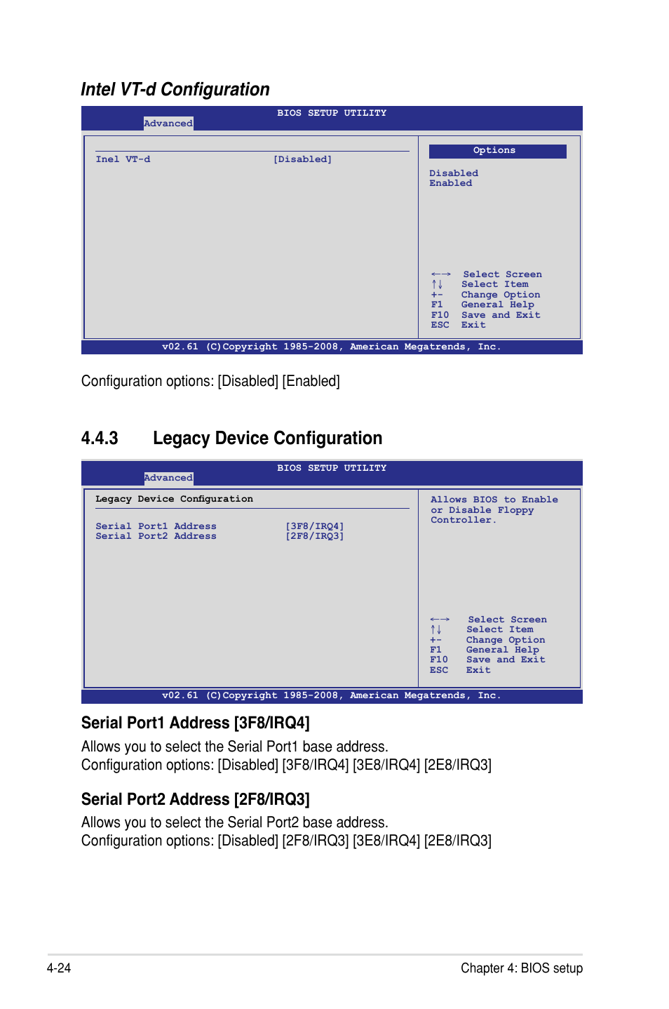 Intel vt-d configuration, 3 legacy device configuration, Serial port1 address [3f8/irq4 | Serial port2 address [2f8/irq3, Configuration options: [disabled] [enabled | Asus Z8PH-D12/IFB User Manual | Page 80 / 170