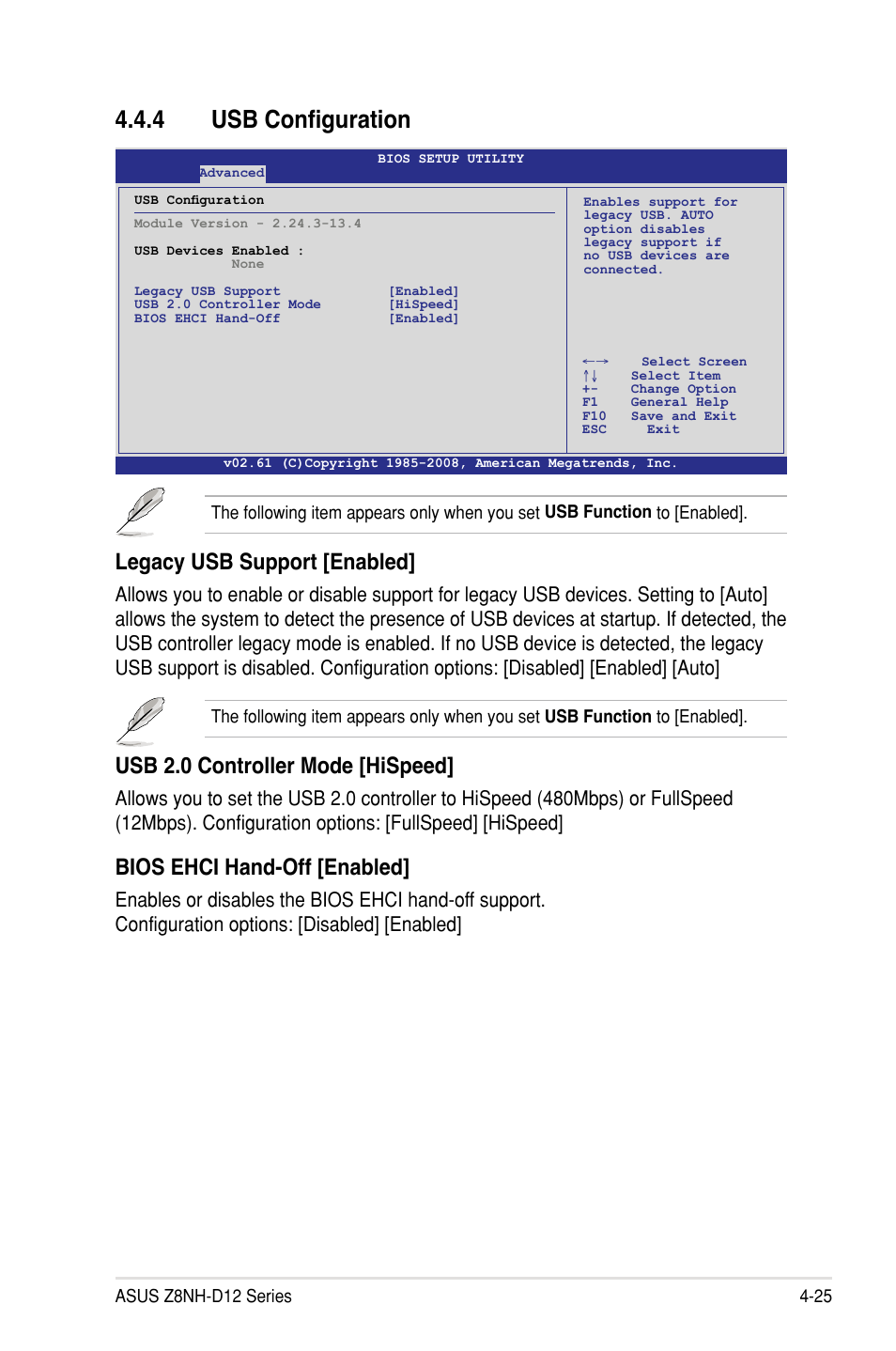 4 usb configuration, Legacy usb support [enabled, Usb 2.0 controller mode [hispeed | Bios ehci hand-off [enabled | Asus Z8PH-D12/IFB User Manual | Page 81 / 170