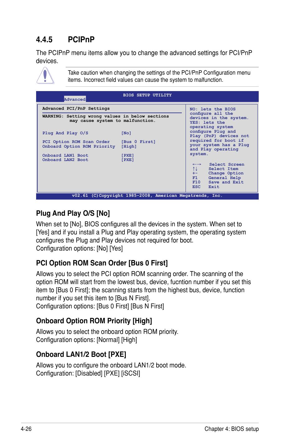5 pcipnp, Plug and play o/s [no, Pci option rom scan order [bus 0 first | Onboard option rom priority [high, Onboard lan1/2 boot [pxe | Asus Z8PH-D12/IFB User Manual | Page 82 / 170