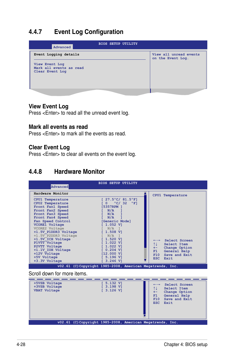 7 event log configuration, 8 hardware monitor, View event log | Mark all events as read, Clear event log, Press <enter> to read all the unread event log, Press <enter> to mark all the events as read, Press <enter> to clear all events on the event log, Scroll down for more items, 28 chapter 4: bios setup | Asus Z8PH-D12/IFB User Manual | Page 84 / 170