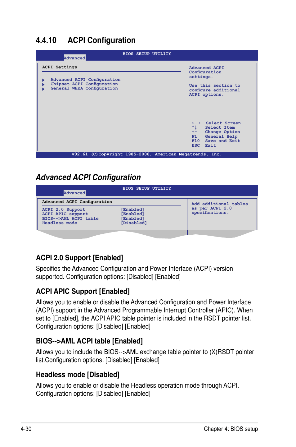 10 acpi configuration, Advanced acpi configuration, Acpi 2.0 support [enabled | Acpi apic support [enabled, Bios-->aml acpi table [enabled, Headless mode [disabled | Asus Z8PH-D12/IFB User Manual | Page 86 / 170