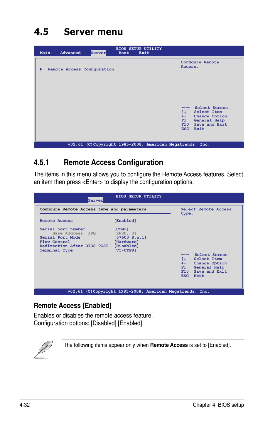 5 server menu, 1 remote access configuration, Remote access [enabled | Asus Z8PH-D12/IFB User Manual | Page 88 / 170