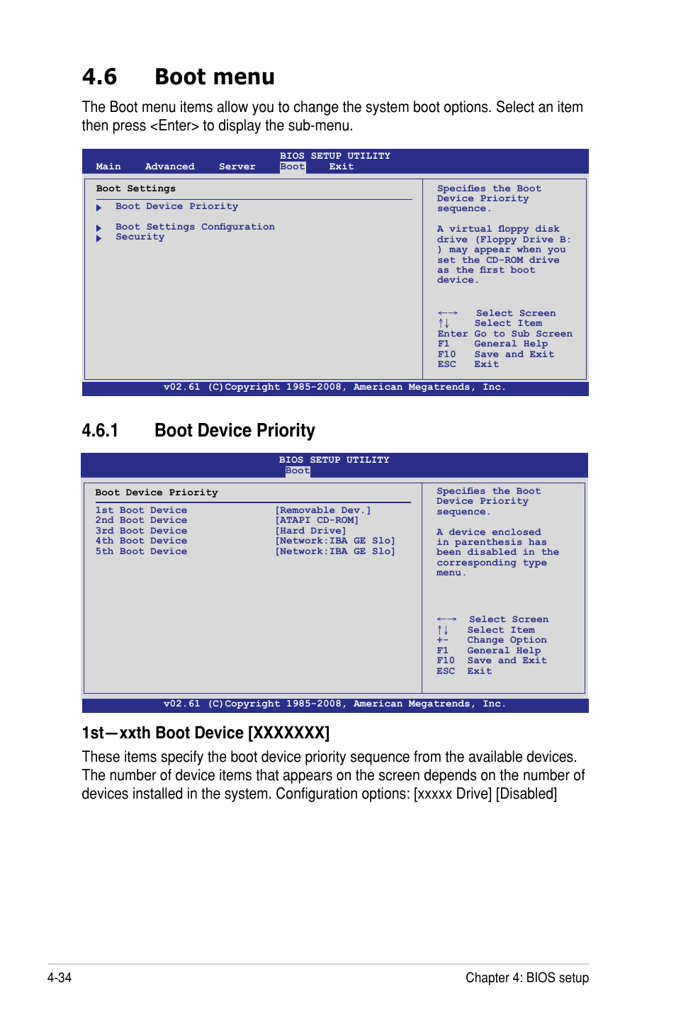 6 boot menu, 1 boot device priority, 34 chapter 4: bios setup | Asus Z8PH-D12/IFB User Manual | Page 90 / 170