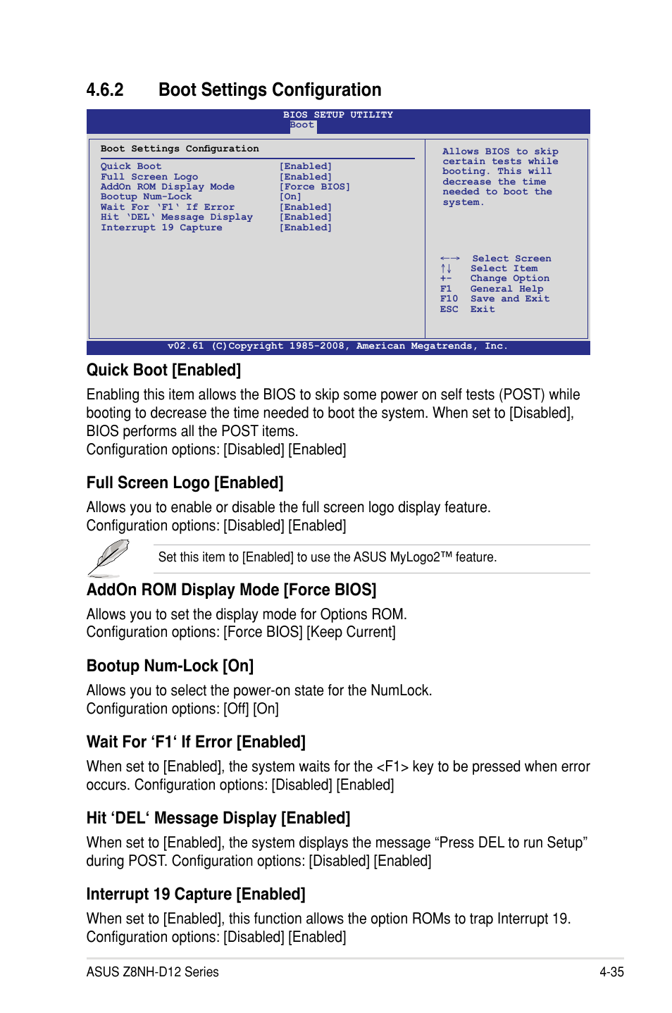 2 boot settings configuration, Quick boot [enabled, Full screen logo [enabled | Addon rom display mode [force bios, Bootup num-lock [on, Wait for ‘f1‘ if error [enabled, Hit ‘del‘ message display [enabled, Interrupt 19 capture [enabled | Asus Z8PH-D12/IFB User Manual | Page 91 / 170